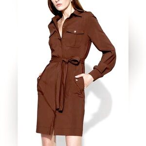 New WHBM Long-Sleeve Utility Shirt Dress in Chocolate Mousse-Size 0 NWT!
